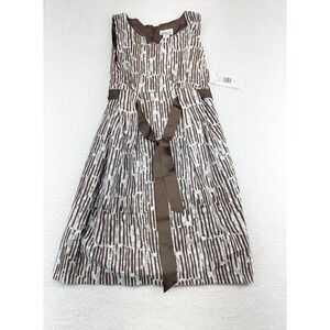 NWT Robbie Bee Women's Sleeveless Brown White Dress‎ Lined Belt Cinch 14